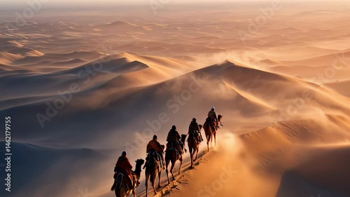 Caravan of camels walking across majestic sand dunes in the golden light of sunrise, desert expedition in remote arid landscape — Generative AI