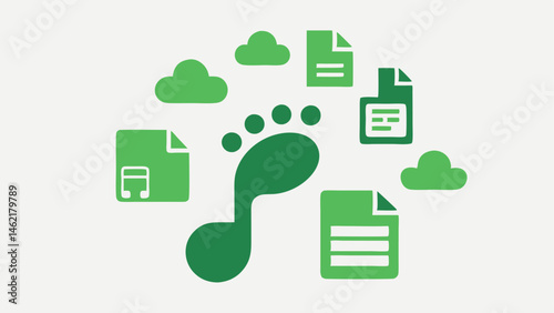 Green Digital Footprint A stylized footprint made of digital files like PDFs music notes and images representing the minimal environmental impact of digital goods.
