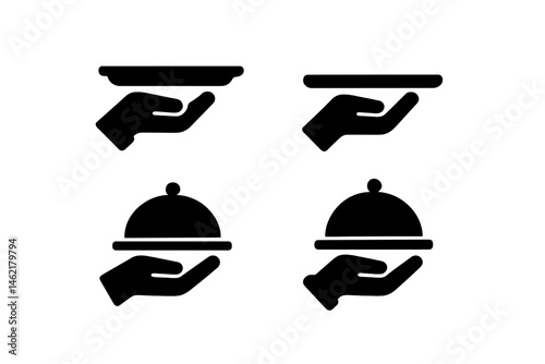 Vector illustration icons depicting hands presenting various food serving trays and cloches for culinary purposes