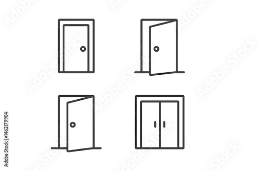 Illustration of various door designs featuring open and closed positions in a minimal vector style