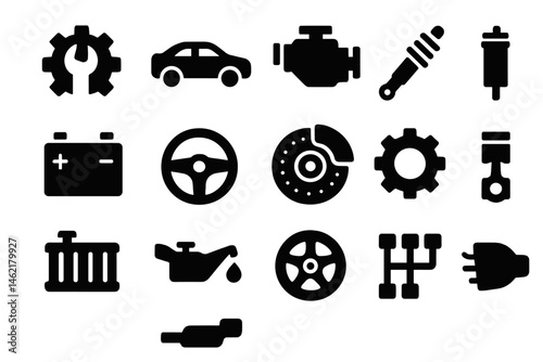 Vector illustrations of car maintenance icons depicting tools, components, and parts used in automotive care