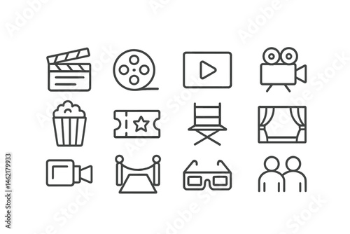Icon collection representing various elements of the film industry including cameras, tickets, and popcorn in a vector illustration style