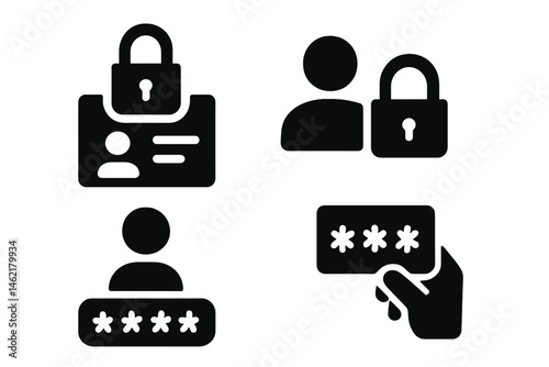 Vector illustration of security icons depicting identity protection, user privacy, and password security measures