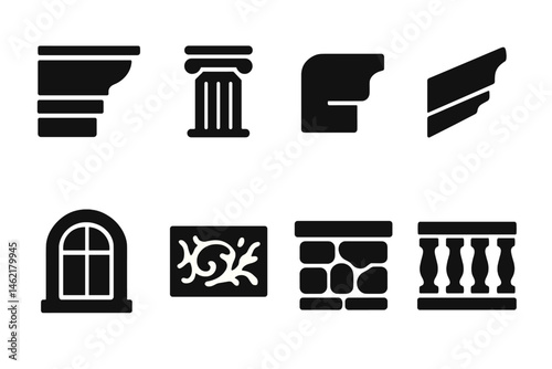 Vector illustration icons showcasing architectural elements including columns, moldings, and windows suitable for design projects