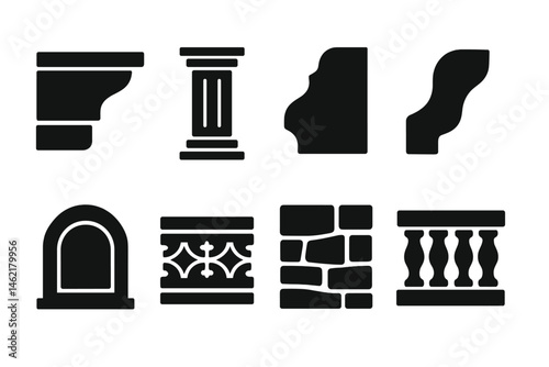 Vector illustration icons of various architectural elements showcasing design details and styles in black silhouettes