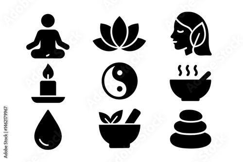 Vector illustration of wellness icons representing meditation, balance, and relaxation practices for holistic health