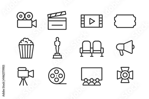 Creative vector illustration icons representing various aspects of filmmaking and cinema