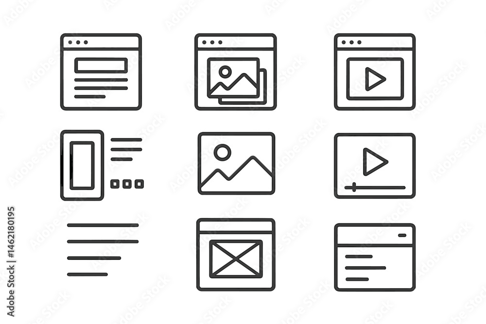 Vector illustration of various multimedia icons representing web content, featuring images and video players in a grid layout Vector illustration of various multimedia icons representing web content, featuring images and video players in a grid layout