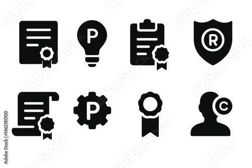 Vector illustration icons depicting various intellectual property and certification symbols used in professional settings
