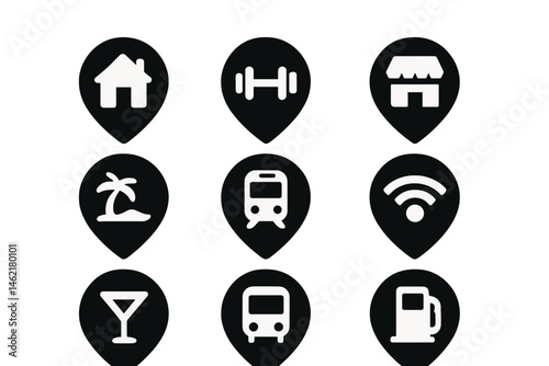 Vector illustration icon set featuring various location markers for home, gym, shops, beach, transport, and services