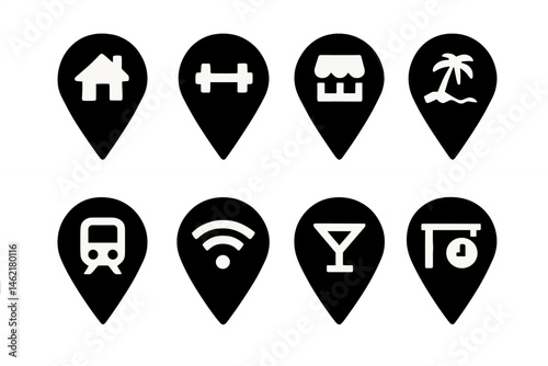 Vector illustration of various location icons depicting activities and places of interest for urban navigation and lifestyle choices