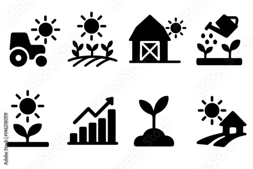 Vector illustration icons representing farming, gardening, and agricultural growth during sunny weather