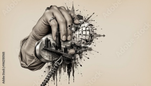 Abstract Art of Hand Holding Telephone with City and Globe Elements