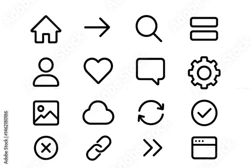 Collection of vector illustration icons representing common digital actions and elements for user interface design