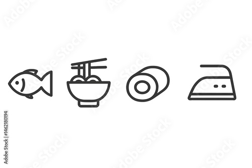 Vector illustration showing a fish, a bowl of noodles, sushi roll, and an iron for varied culinary and household activities