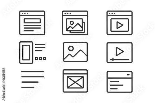 Vector illustration of various multimedia icons representing web content, featuring images and video players in a grid layout