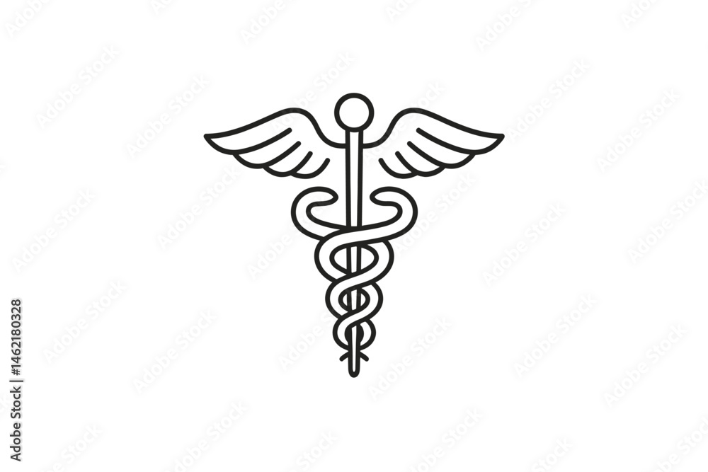 Vector illustration of a medical symbol featuring a winged staff entwined by a serpent, representing healthcare and healing Vector illustration of a medical symbol featuring a winged staff entwined by a serpent, representing healthcare and healing