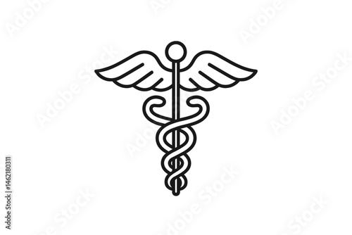 Vector illustration of a medical symbol featuring a winged staff and entwined serpents used in healthcare representation