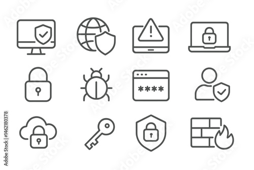 Vector illustration of security icons representing cybersecurity concepts and digital safety measures for online protection