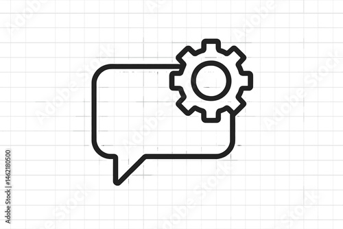 Vector illustration icon depicting a speech bubble with a gear symbol for communication and technology functions