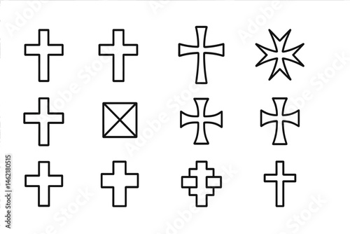 Vector illustration of various cross designs showcasing different styles and shapes for graphic use in religious or cultural contexts