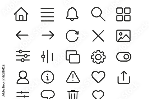 Vector illustration icons featuring various symbols for user interface design in a minimalistic style