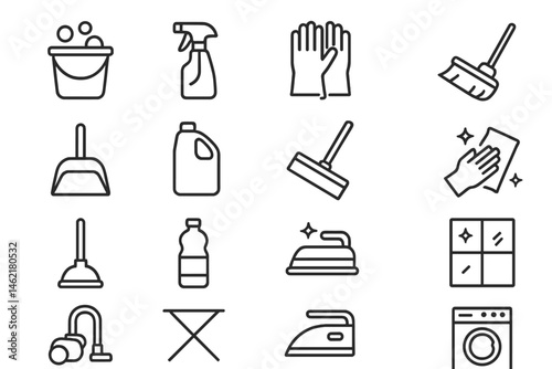 Household cleaning tools and supplies arranged in a vector illustration design for efficient cleaning activities