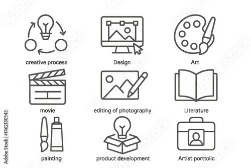 Creative process vector illustration illustrating various artistic activities and design elements in a modern digital environment