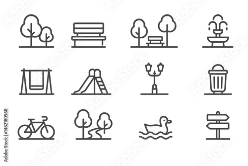Vector illustration icon set depicting various elements in a park including trees, benches, a fountain, and recreational equipment