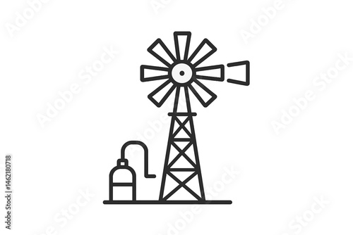 Vector illustration of a windmill pump located in a rural setting showcasing its function and design in a minimalist style