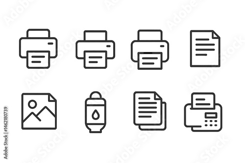 Vector illustration of various printing devices and documents, showcasing modern printing technology and functionality