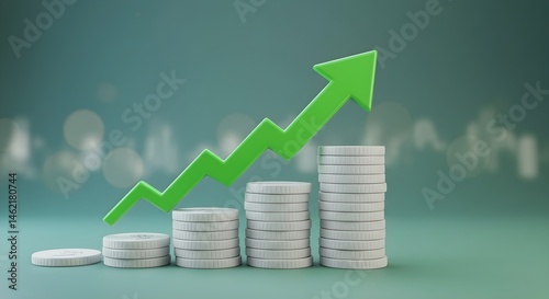 Obraz na płótnie Financial growth concept: stacks of coins with an upward-trending green arrow. w salonie