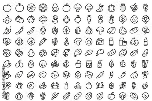 Doodle style vector illustrations of various fruits, vegetables, and food items arranged creatively in a seamless pattern