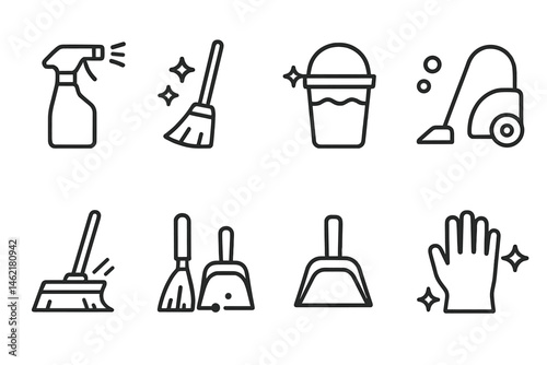 Vector illustration icons depicting various cleaning tools and supplies for home and office use