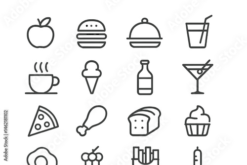 Vector illustration icons depicting various food and beverage items including dessert, snacks, and drinks ideal for menus and culinary designs