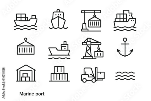 Vector illustration icons depicting various elements of a marine port including ships, containers, cranes, and cargo activities