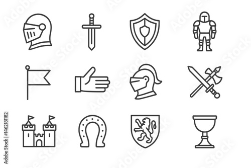 Vector illustration of medieval-themed icons depicting knights, weapons, shields, and castles for fantasy and gaming design