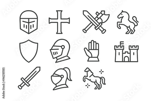 Vector illustration of medieval elements including knights, swords, and castles in a simple design