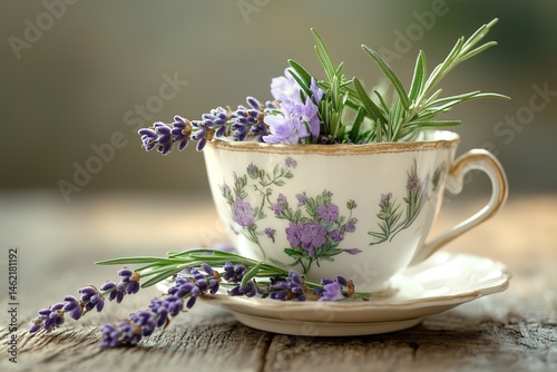 A charming vintage teacup filled with fresh lavender and a sprig of rosemary, offering a calm Mother’s Day moment