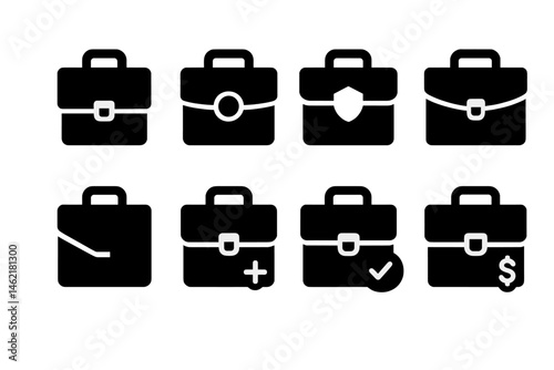 Set of vector illustration icons representing various types of briefcases and their functionalities in business activities