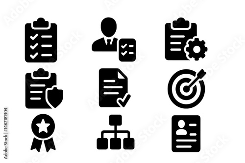 Icons representing various management activities and processes for effective organization and evaluation of tasks and goals in a business environment