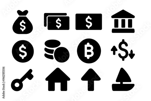 Vector illustration icons representing finance, currency, and investment themes with symbols like money bags and banks