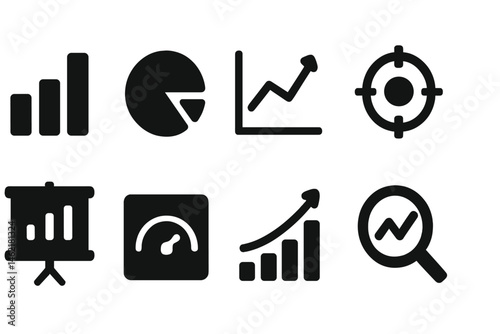 Vector illustration icons representing various data visualization concepts including graphs, charts, and analytics symbols