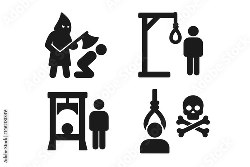 Vector illustration of historical execution methods with symbols representing various forms of capital punishment