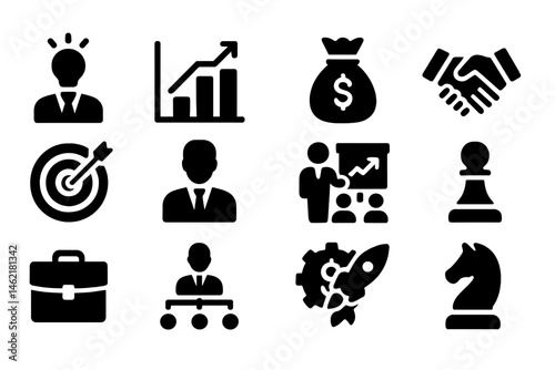 Vector illustration icons representing business growth, teamwork, and strategic planning in a professional environment