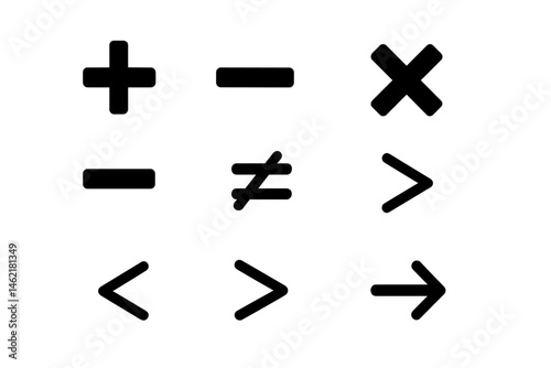 This vector illustration displays a variety of mathematical symbols, including addition, subtraction, multiplication, division, and comparison signs