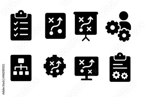 Vector illustration icons representing planning, strategy, and teamwork activities for organizational development in a business context