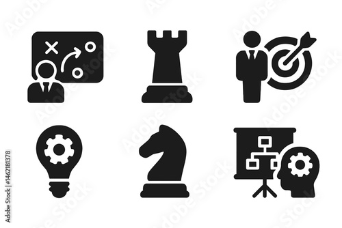 Collection of vector icons representing strategic planning, role identification, and problem-solving methods