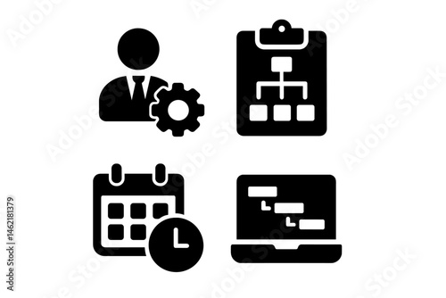 Vector illustration showing business management tools including a person with a gear, a workflow clipboard, a calendar, and a laptop with coding