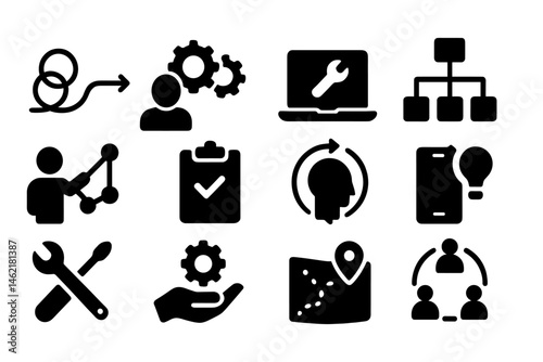 Vector illustration icon representing various aspects of technology, teamwork, and problem-solving activities in a modern workspace setting